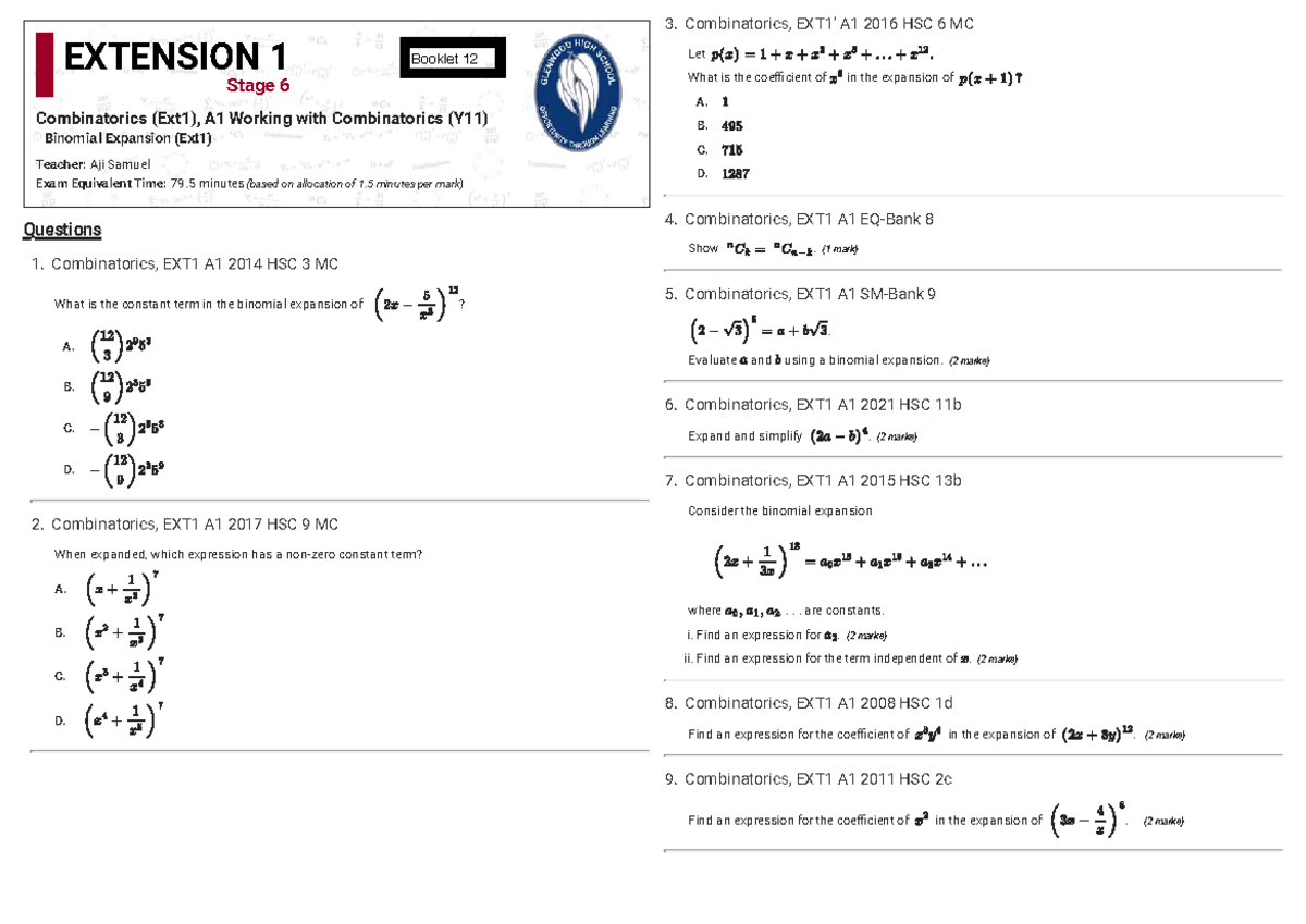 Combinatorics EXT1 A1: Binomial Expansion Study Guide - Studocu