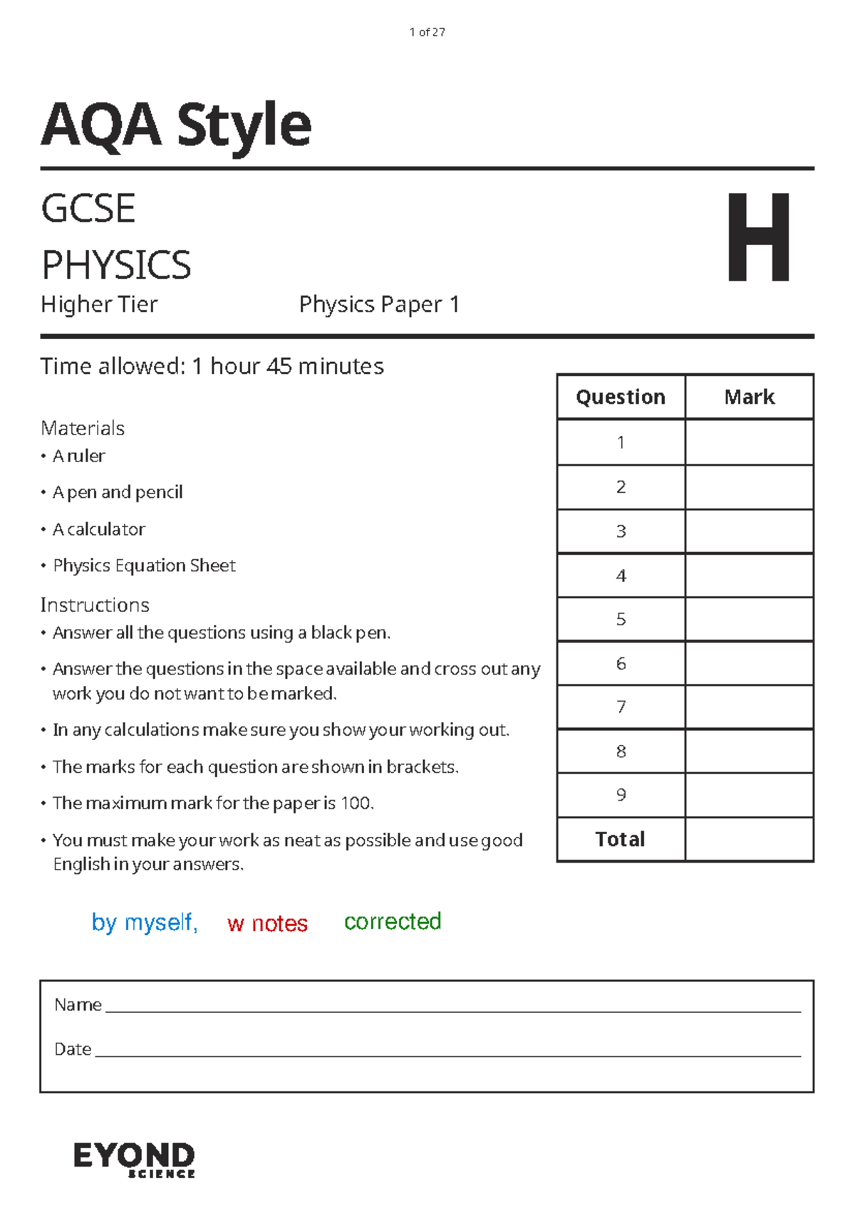 AQA GCSE Physics Paper 1 H (Separate) Exam Practice Questions - Studocu