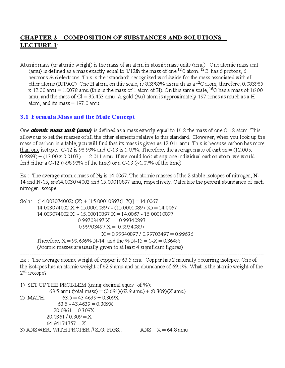 Chapter 3: Composition of Substances - Lecture Notes on Molar Mass ...