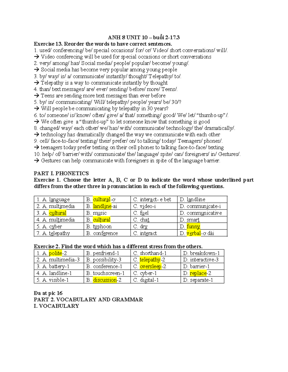 Reordered Sentences and Exercises for ANH 8 UNIT 10 - Buổi 2 - Studocu