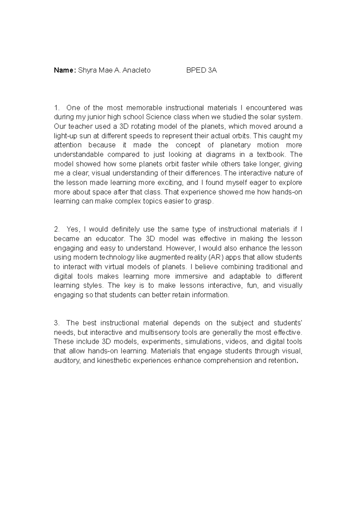 BPED 3A: Memorable Instructional Materials & Engaging Learning Methods ...