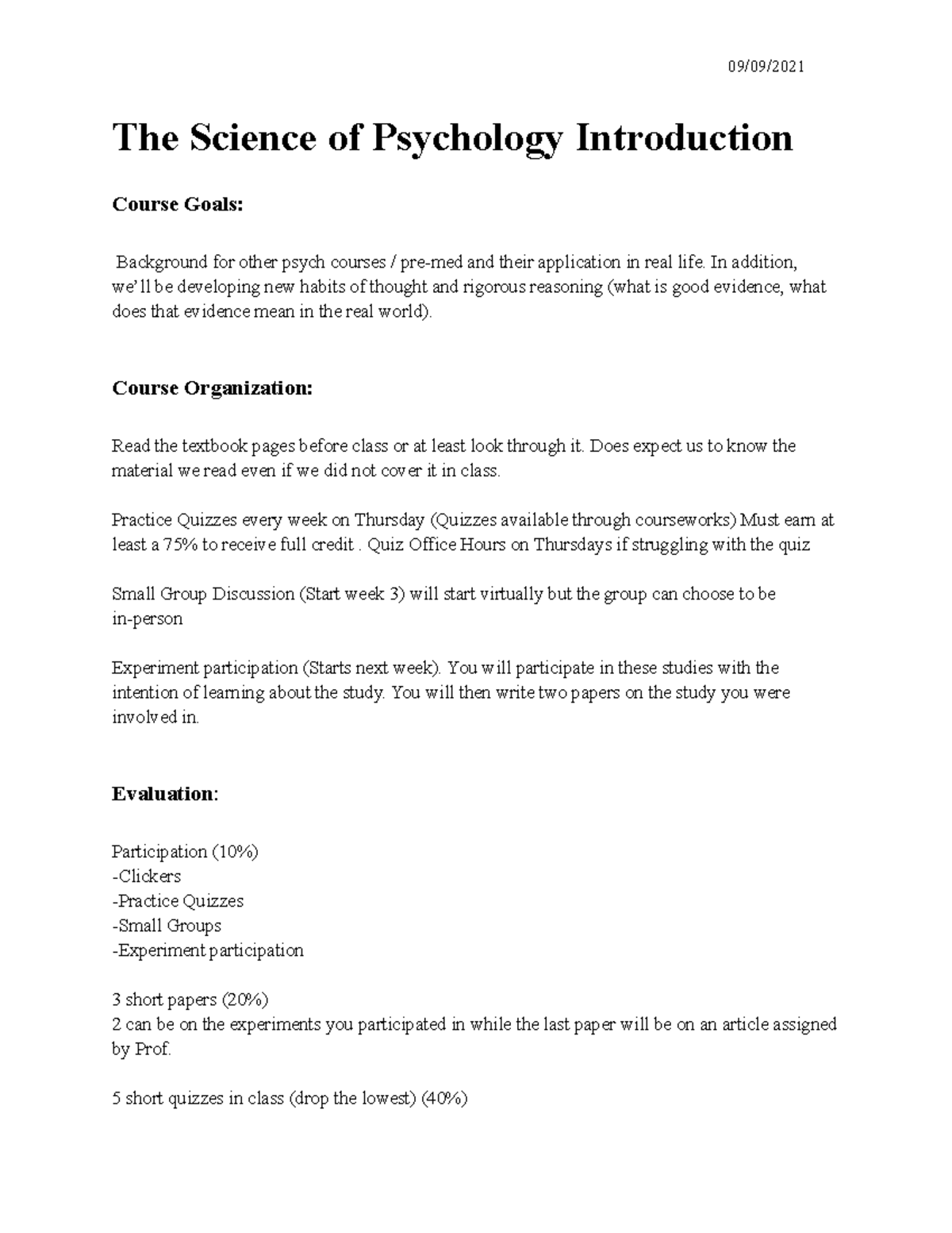 PSY 101: Introduction to Psychology - Course Overview and Goals - Studocu