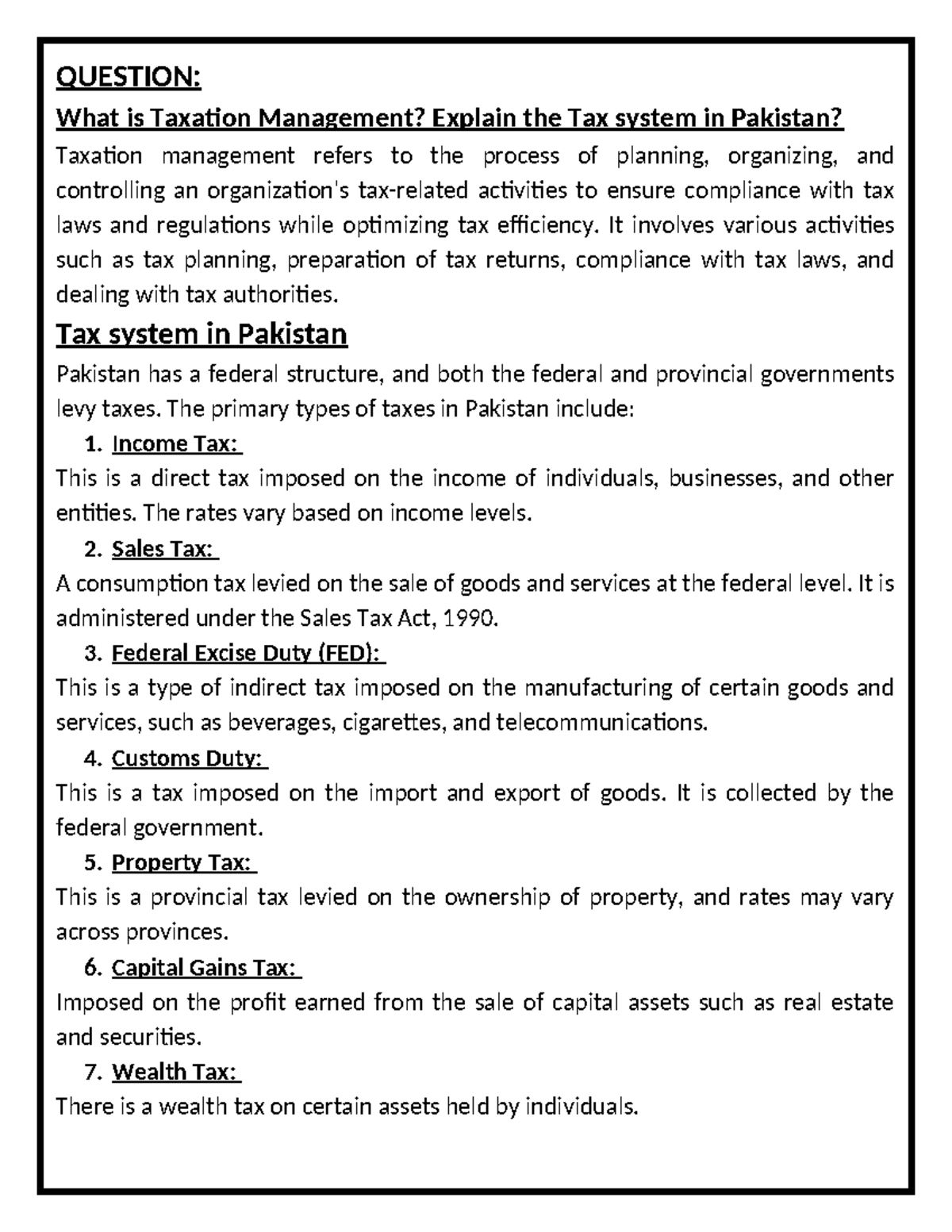 Taxation Management: Overview and Tax System in Pakistan - Studocu