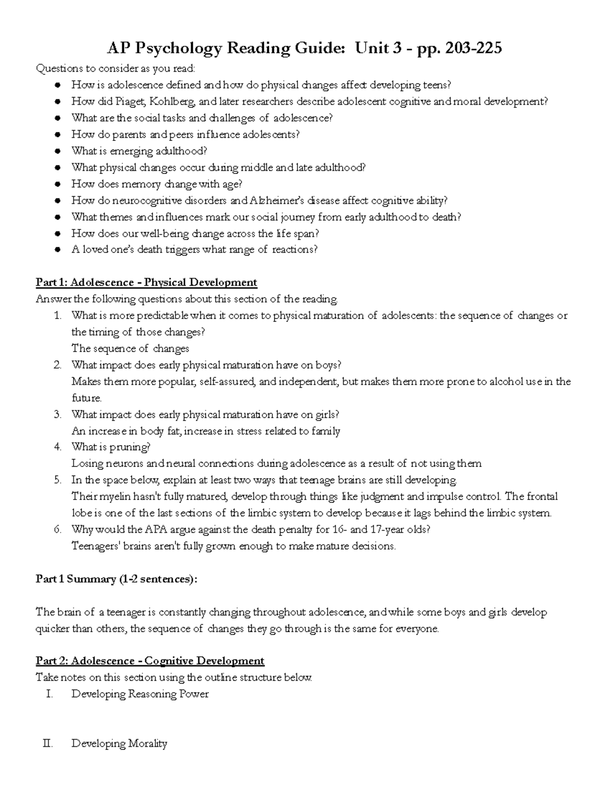 AP Psychology Reading Guide: Unit 3 - Physical & Cognitive Development ...