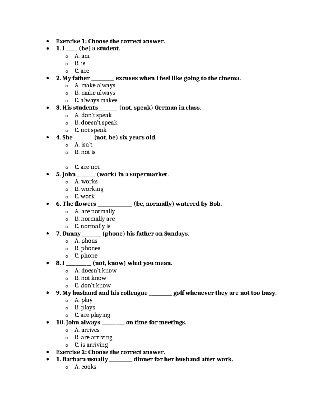 Exercise Guide for Htđ 2 - Present Simple Grammar Practice - Studocu