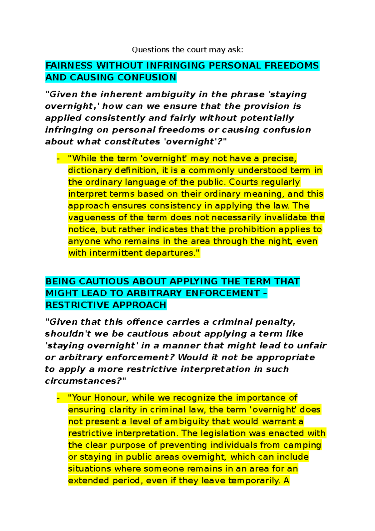 Questions the Court May Ask: Fairness vs. Personal Freedoms - Studocu