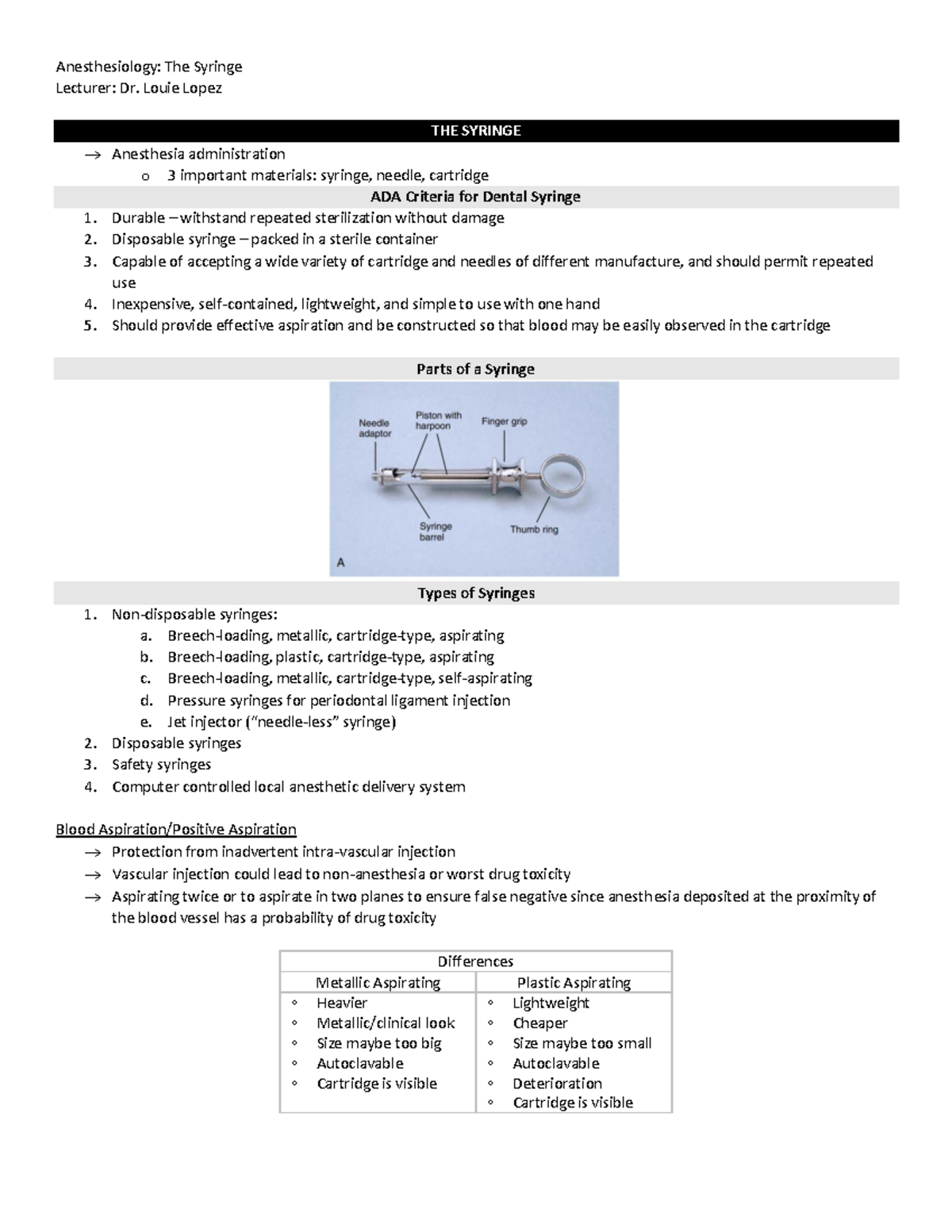 LEC-1: Anesthesiology - Understanding Syringes and Their Use - Studocu