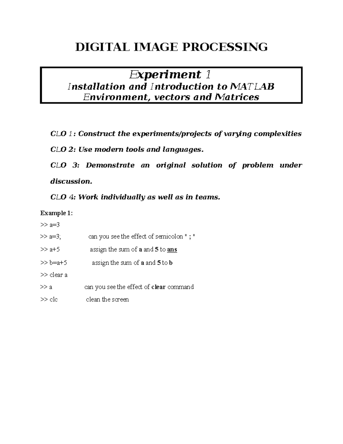 DIGITAL IMAGE PROCESSING Lab 01: MATLAB Installation & Vectors - Studocu
