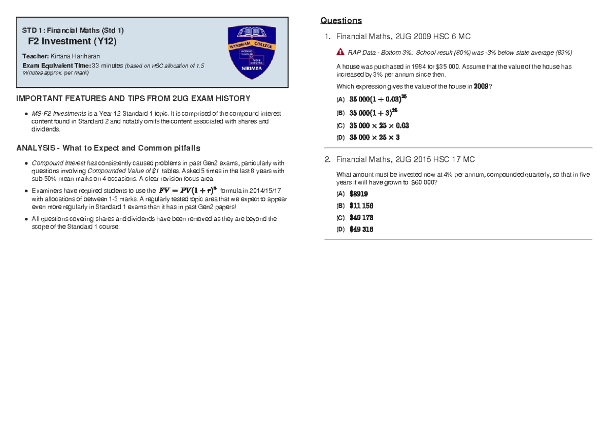 Past HSC Questions on Financial Maths (Std 1) - Solutions Included ...