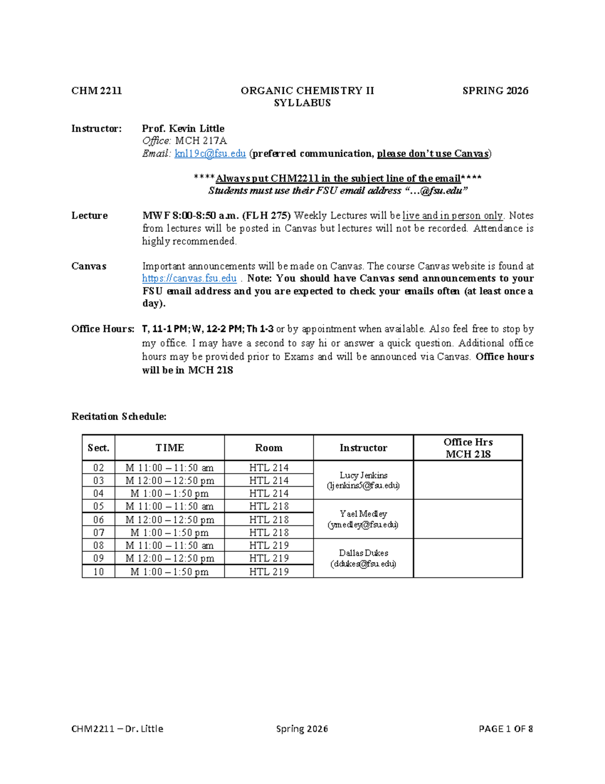 CHM 2211 Organic Chemistry II Syllabus Spring 2026 - Dr. Little - Studocu