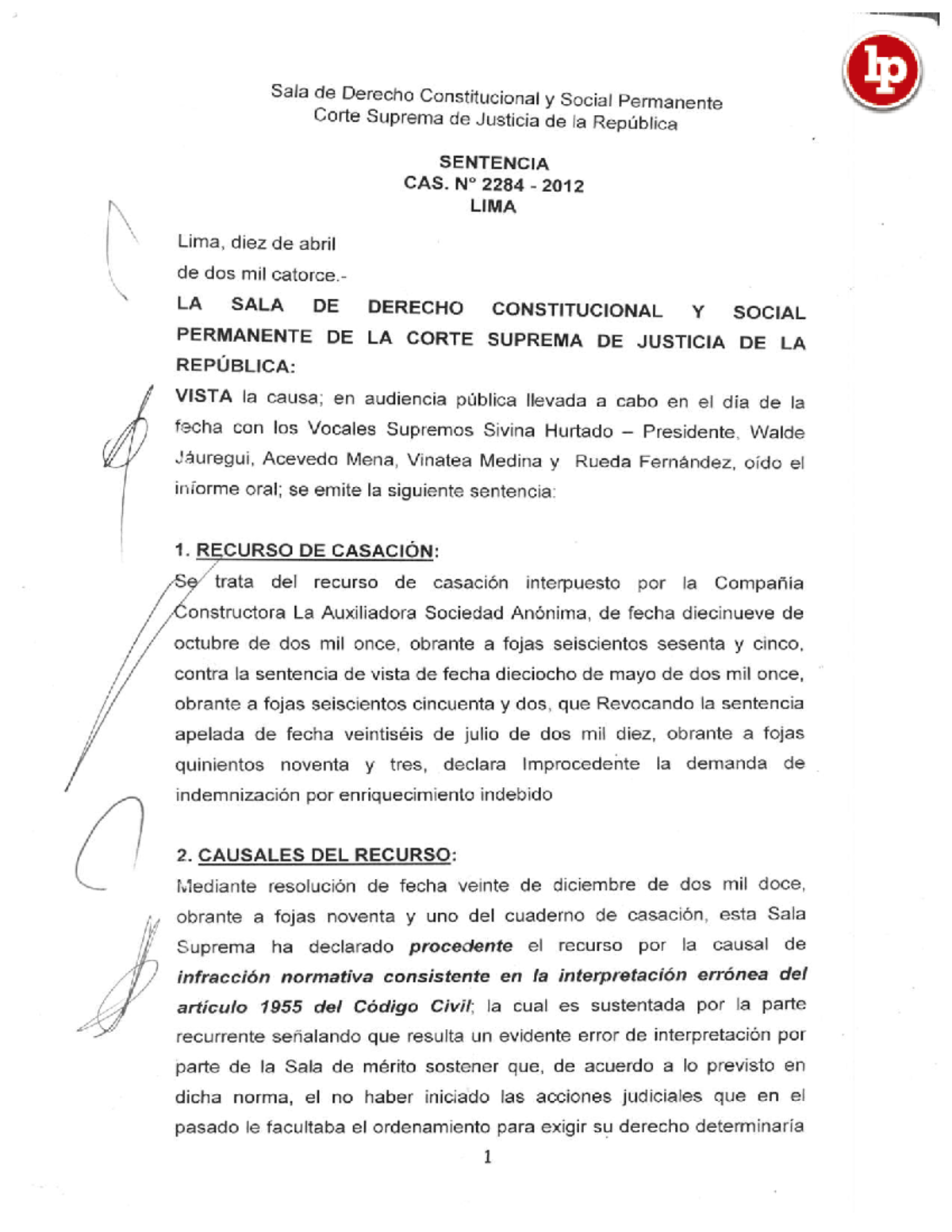 Sentencia CAS. 2284-2012: Análisis de Enriquecimiento Sin Causa - Studocu