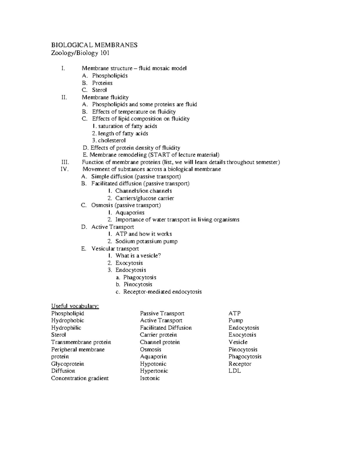 BIO 101: Biological Membranes Lecture Outline and Key Concepts - Studocu