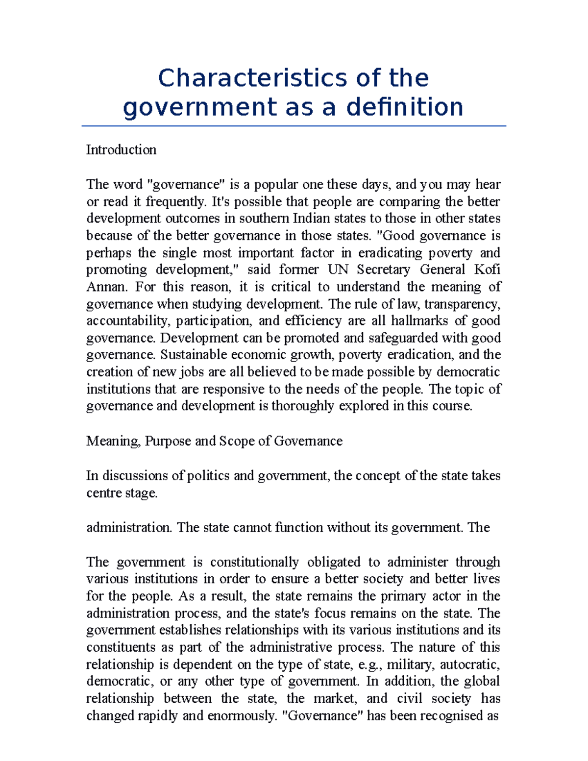 Characteristics of Governance: Definition and Key Concepts - Studocu