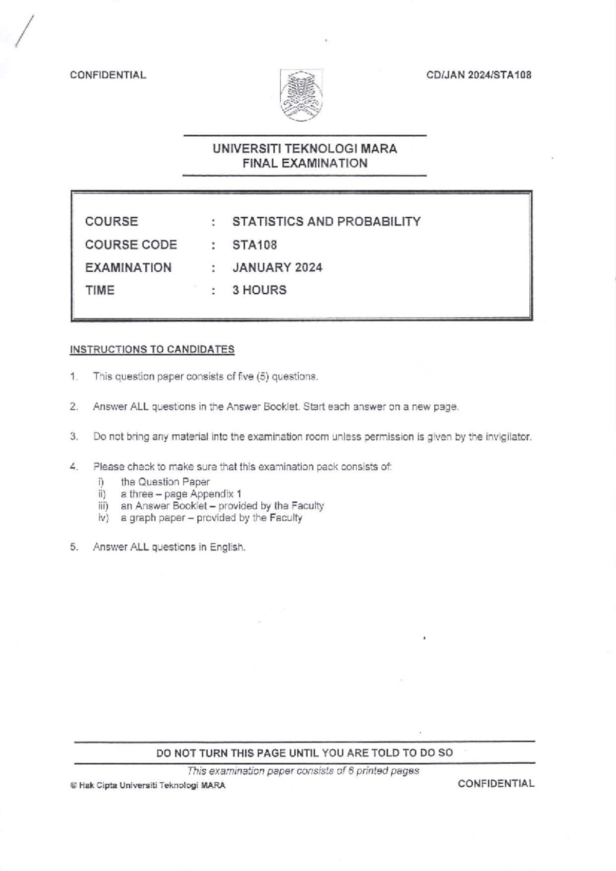Final examination STA108: Statistics and probability January 2024 - Studocu