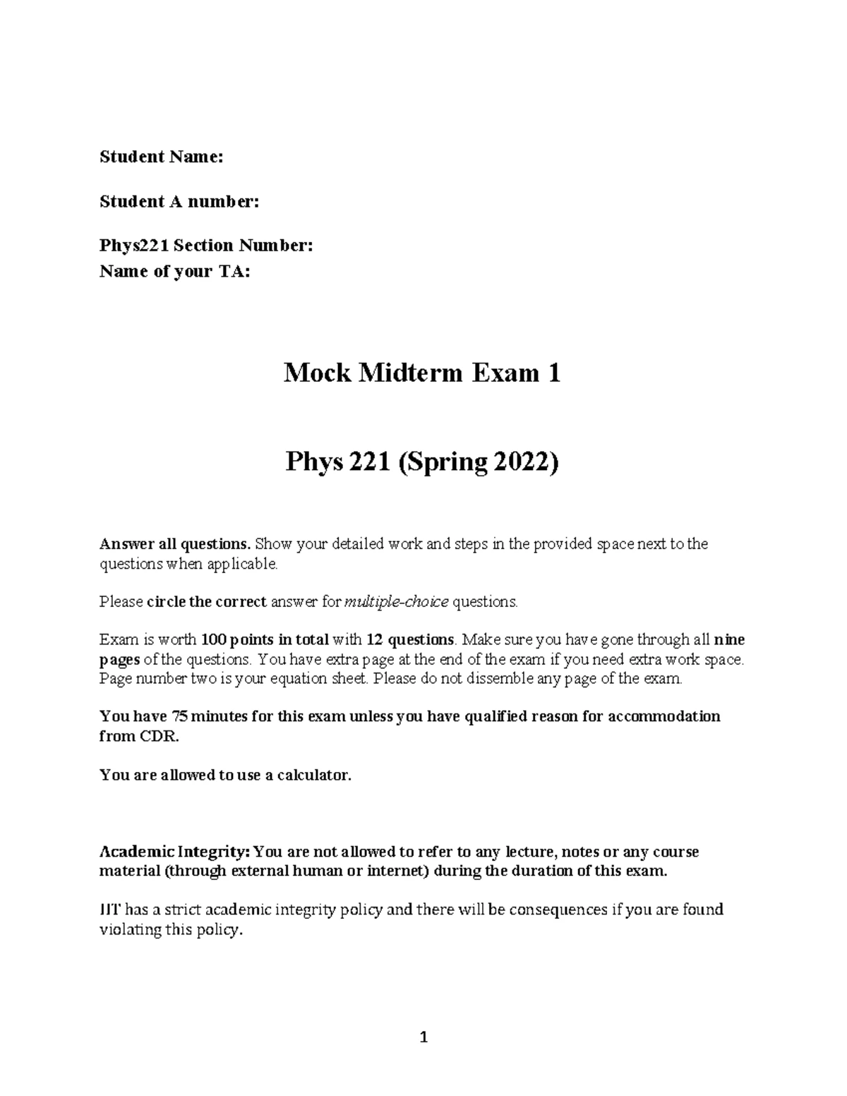 Phys 221 Mock Exam II with solutions-2 - Phys 221 Mock Exam for Midterm ...