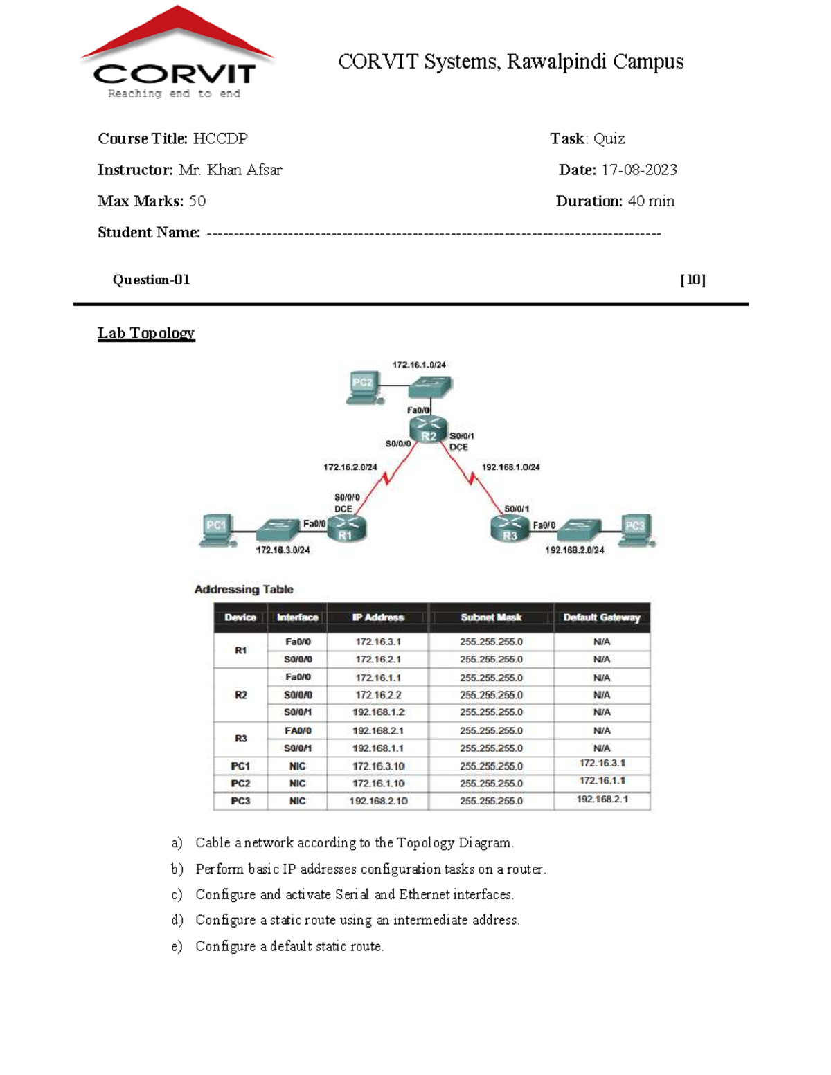 Quiz-01-batch 02 - Assignment-02 - CORVIT Systems, Rawalpindi Campus ...
