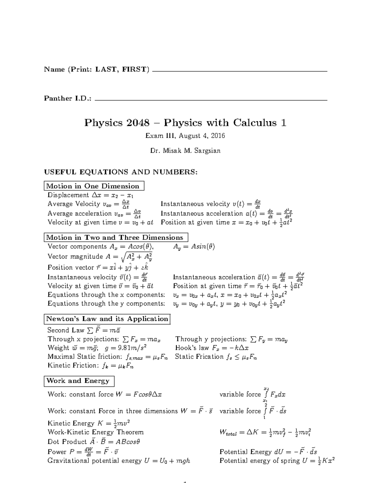 Physics 2048 Exam III Formula Sheet and Key Equations - Studocu