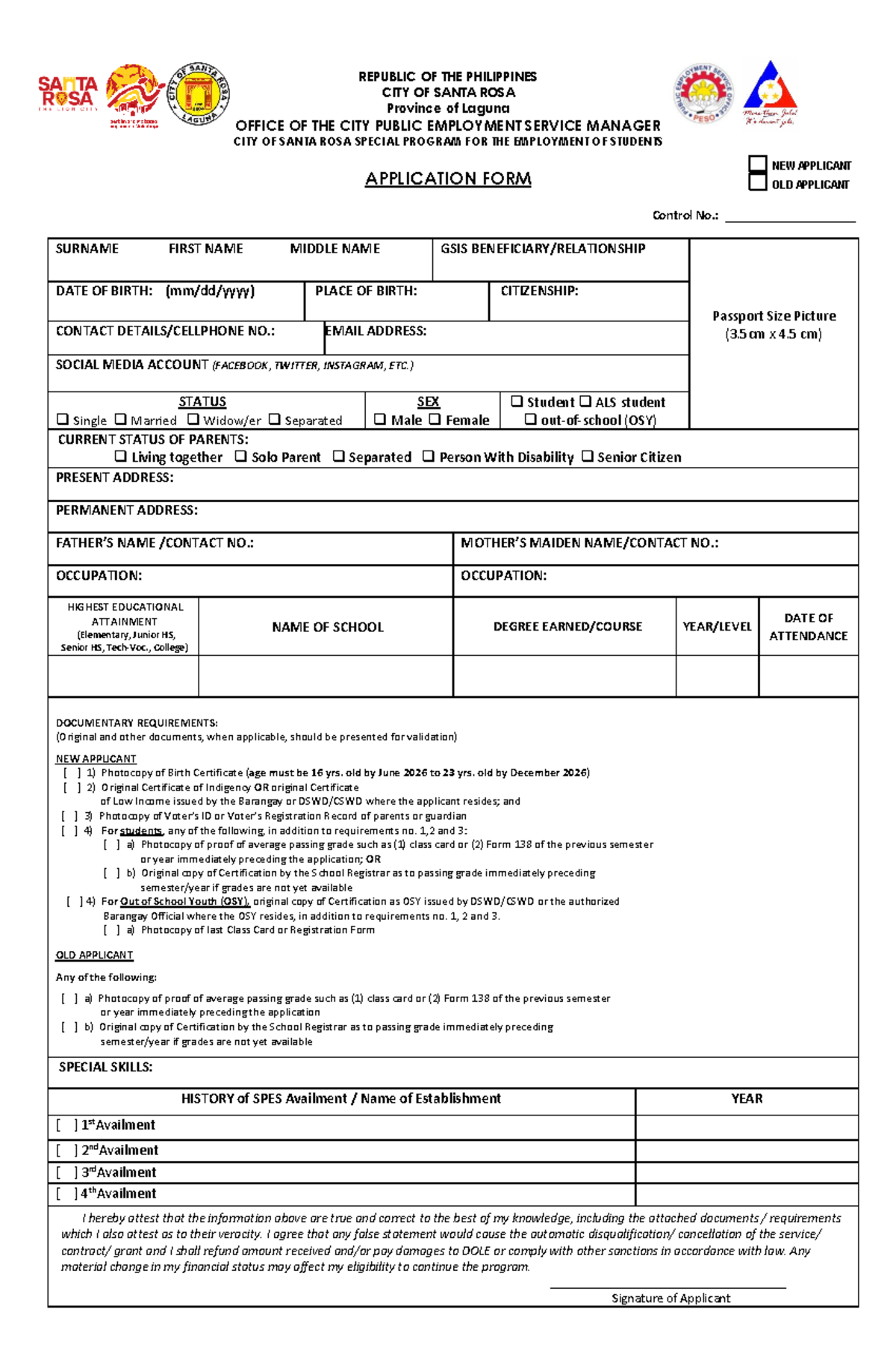 SPES Application Form for New and Old Applicants - Santa Rosa - Studocu