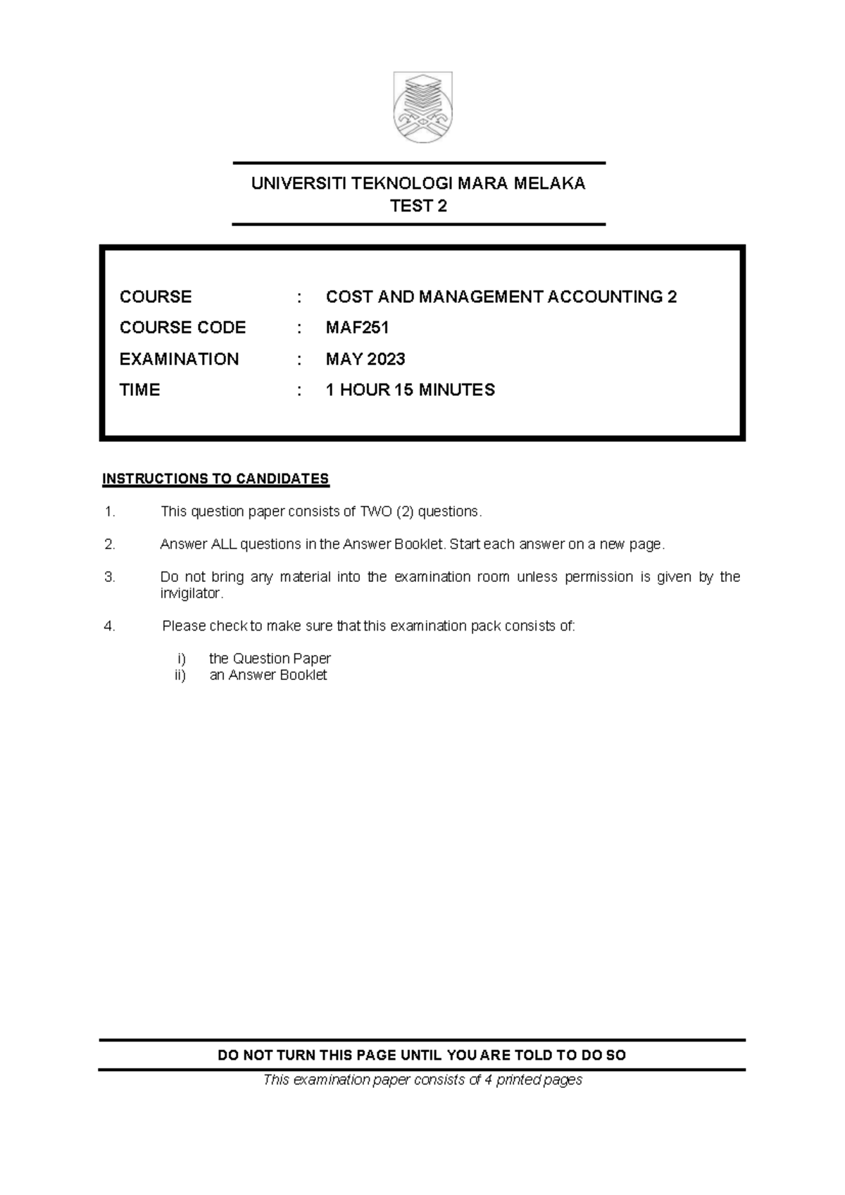 [MAF251] Test 2: Cost & Management Accounting - May 2023 Exam Paper ...