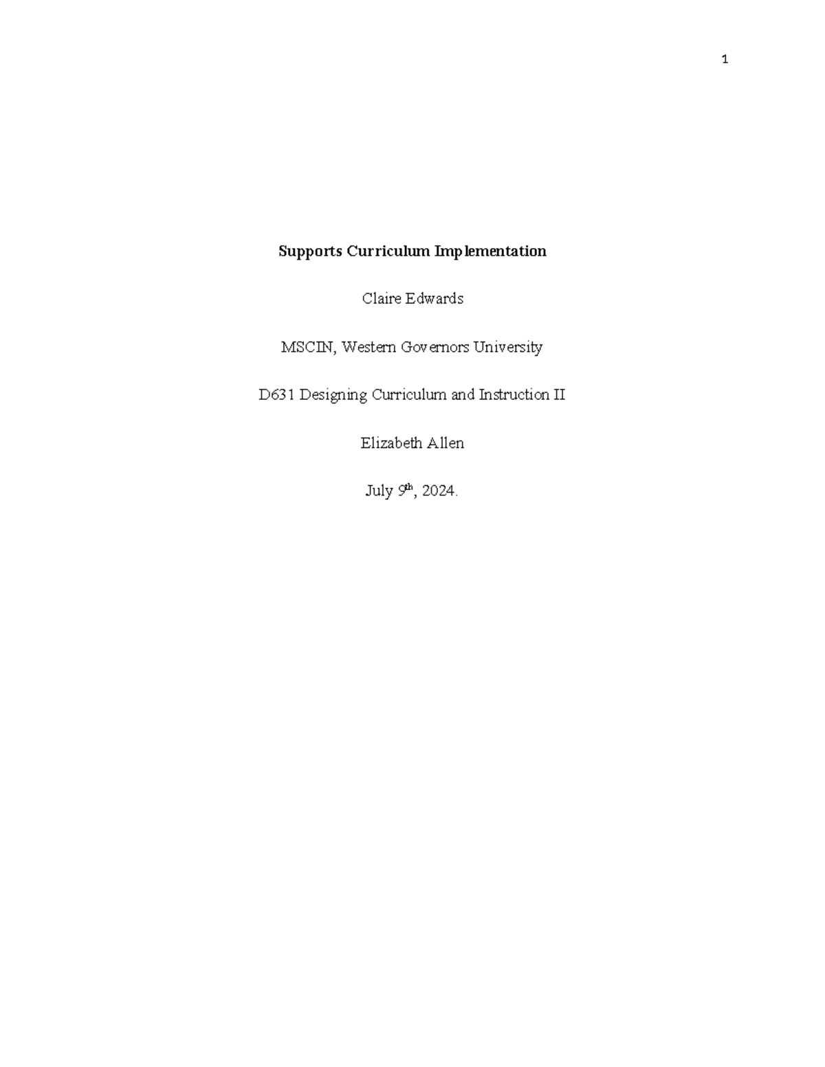 TASK 4: Curriculum Implementation Support Plan D639 - Studocu
