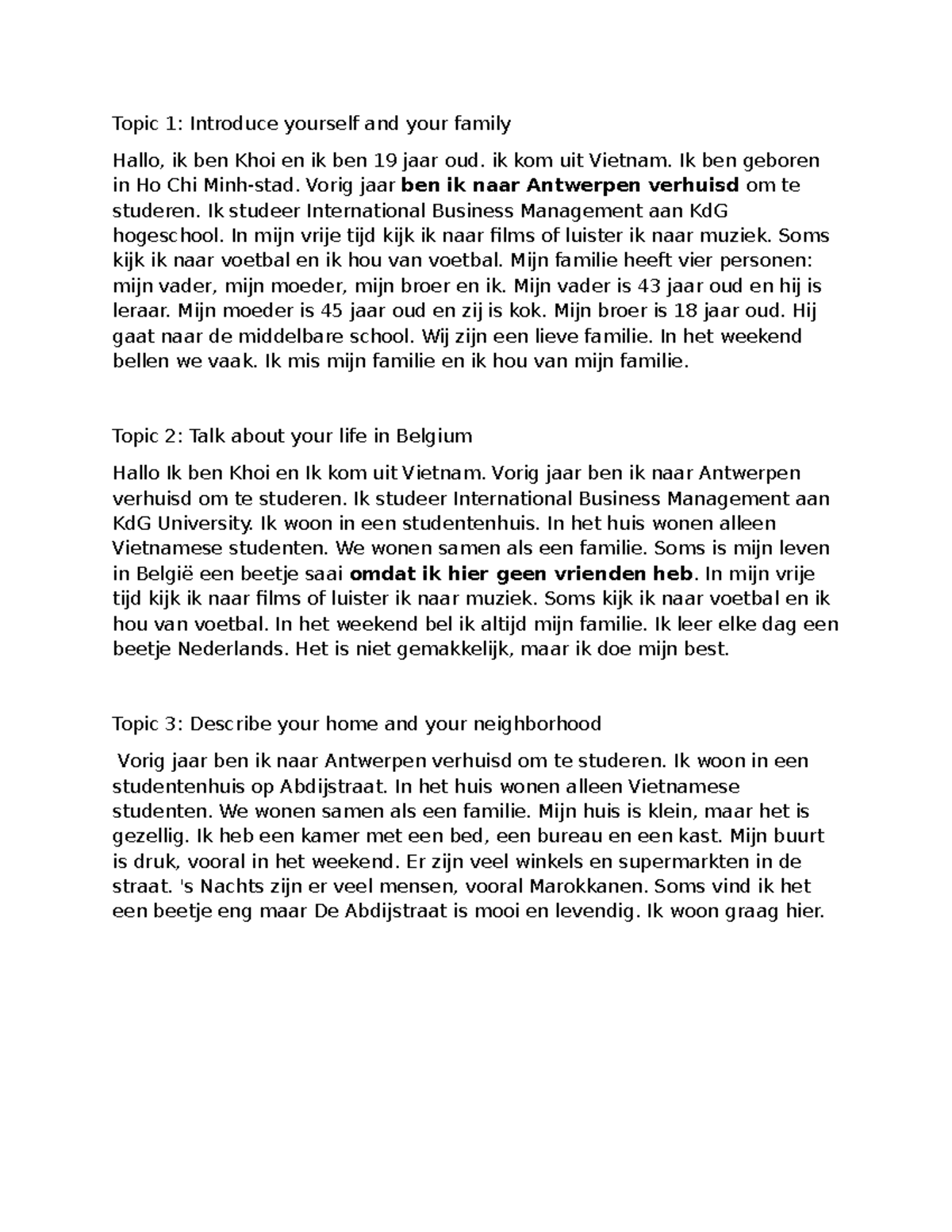 Speaking Script: Introduce Yourself & Life in Belgium (IBM101) - Studocu