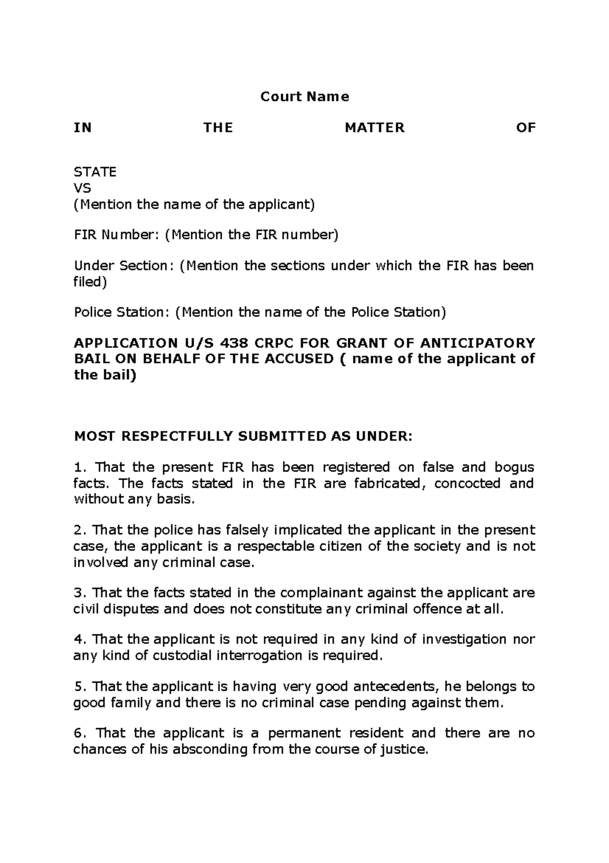Sample Anticipatory Bail Application - U/S 438 CRPC - Studocu
