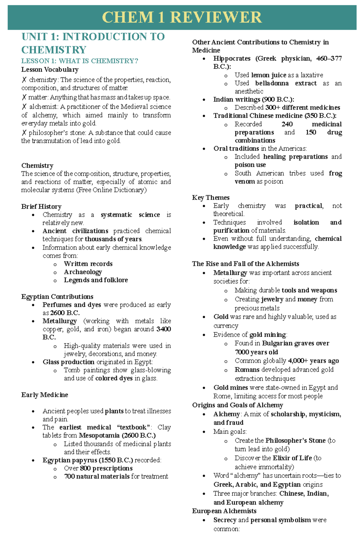 CHEM 1 REVIEWER: INTRODUCTION TO CHEMISTRY & KEY CONCEPTS - Studocu