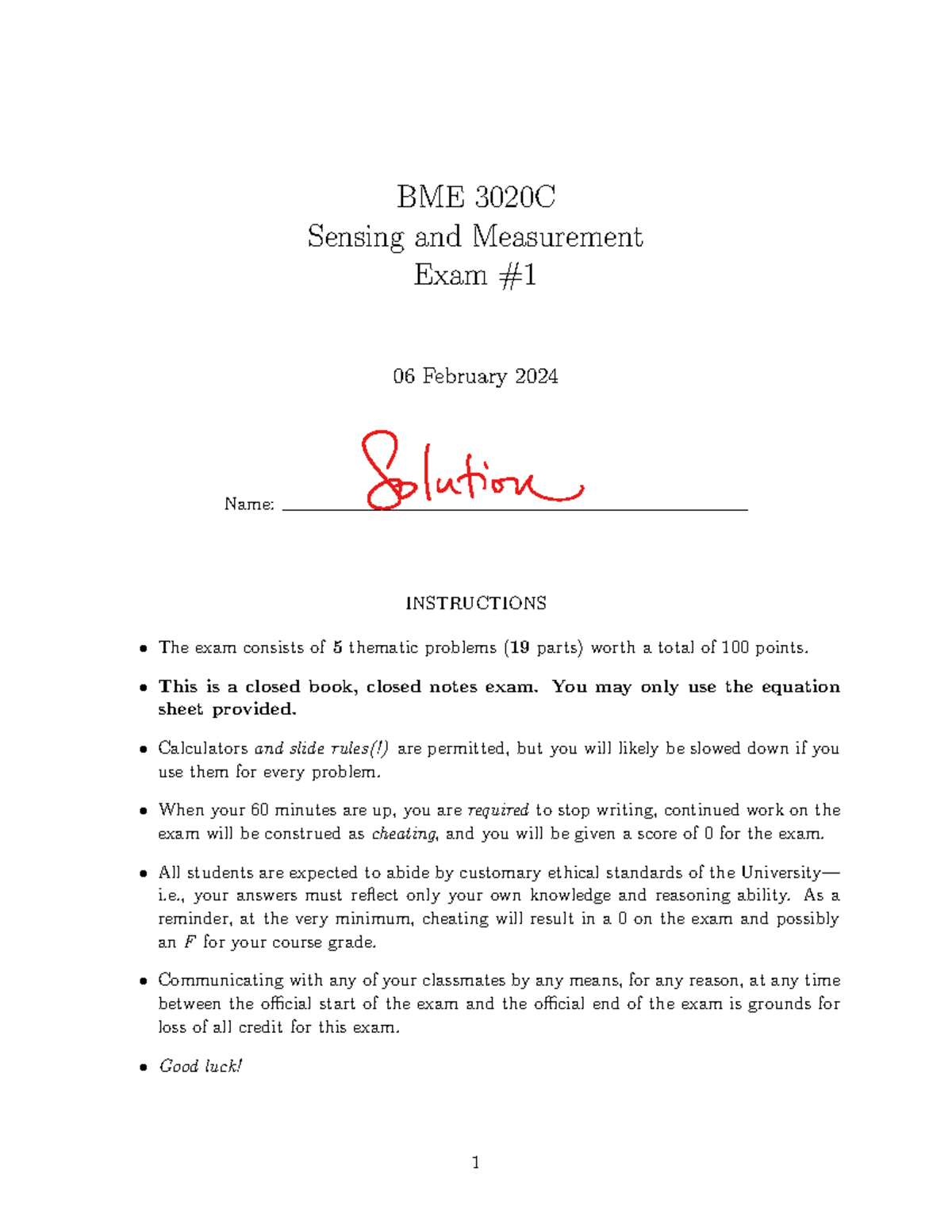 BME 3020C Exam 1 Solutions and Thematic Problem Breakdown - Studocu