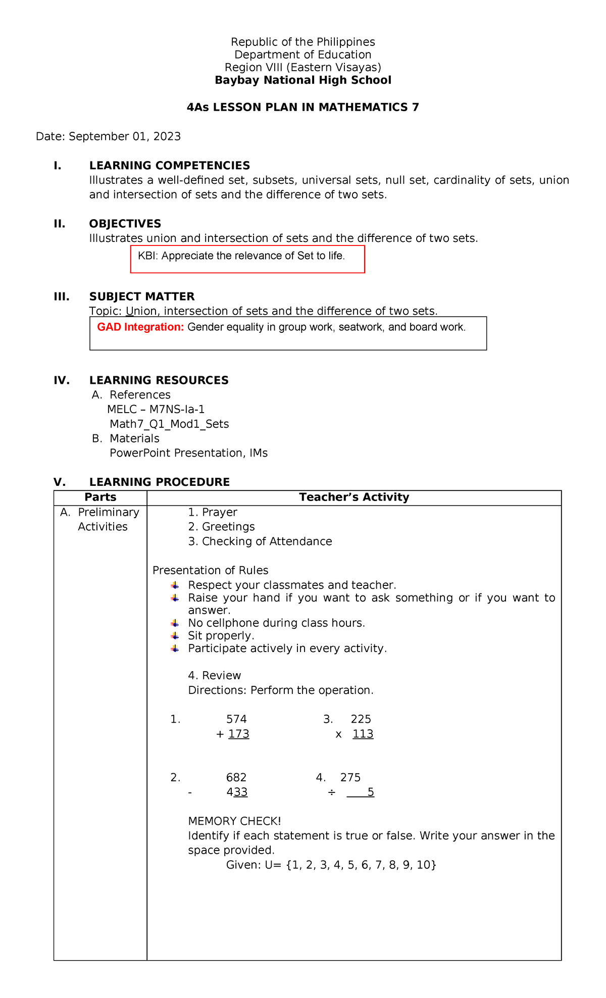 M7 Mathematics 7 Lesson Plan: Union, Intersection & Set Differences ...