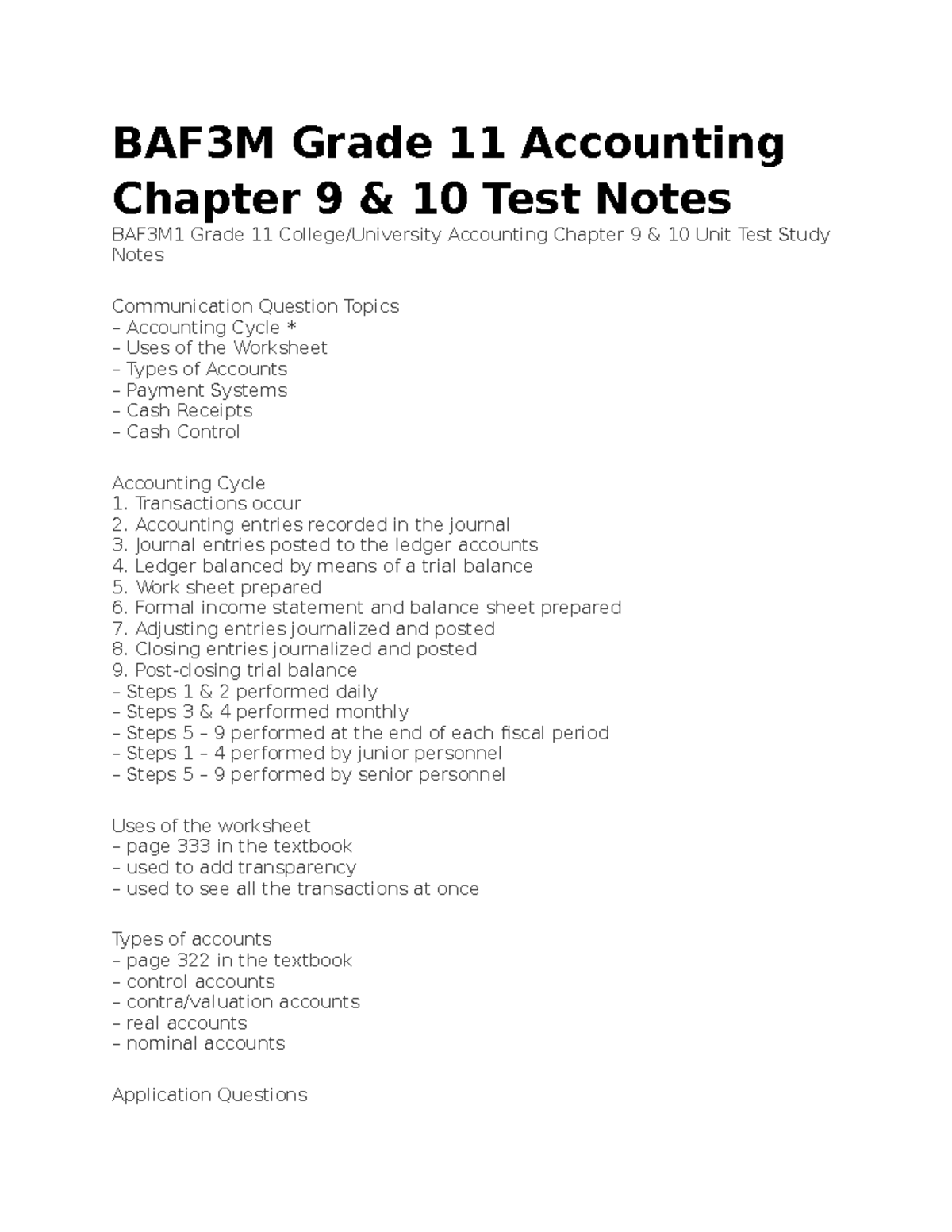 BAF3M Grade 11 Accounting Chapter 9 & 10 Unit Test Study Notes - Studocu