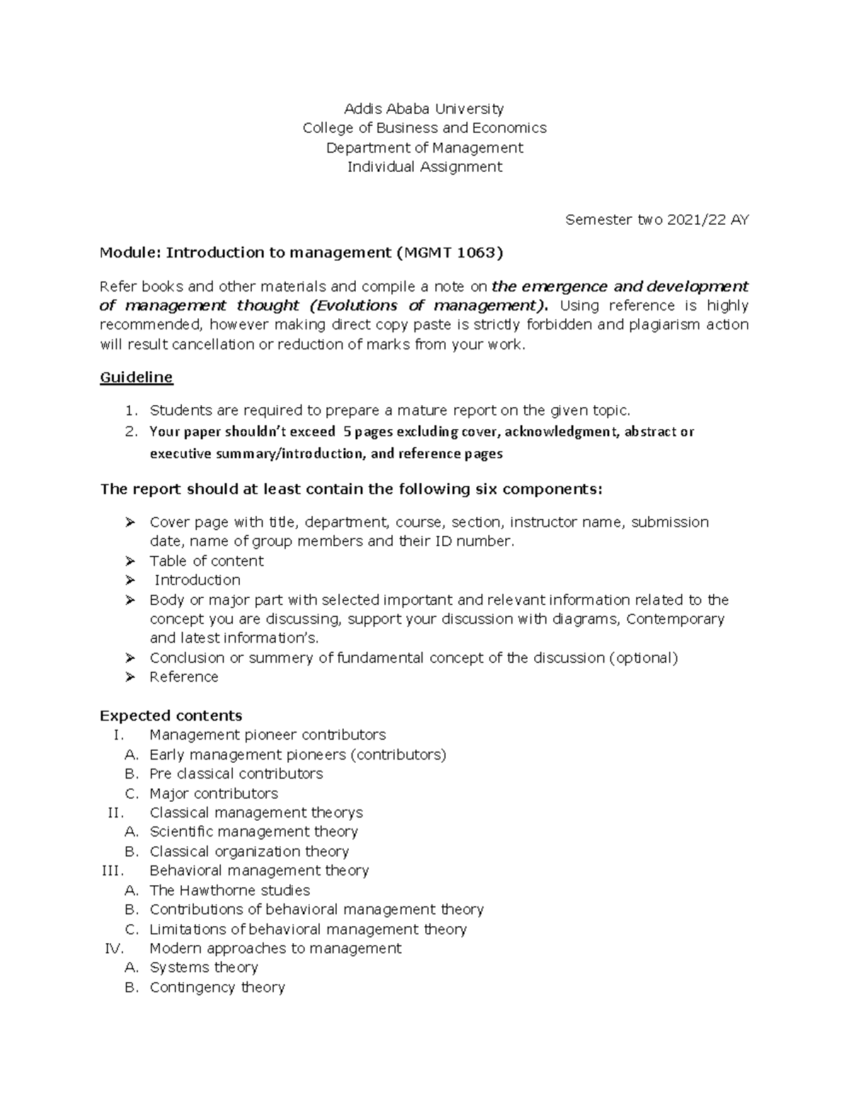Individual Assignment One: Evolution of Management Thought (MGMT 1063 ...