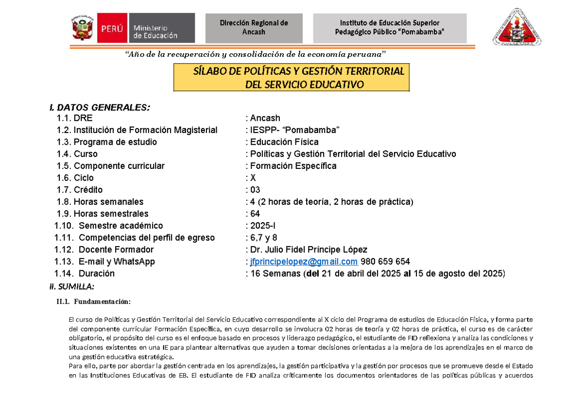 Sílabo de Políticas y Gestión Territorial del Servicio Educativo - ED. Física X - Document Preview