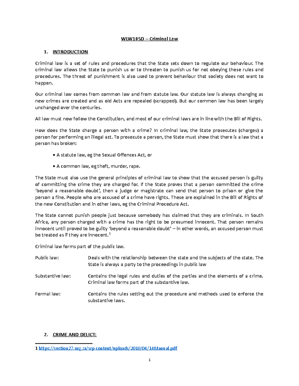 WLW105D Criminal Law Lecture Notes: Key Concepts and Principles - Studocu