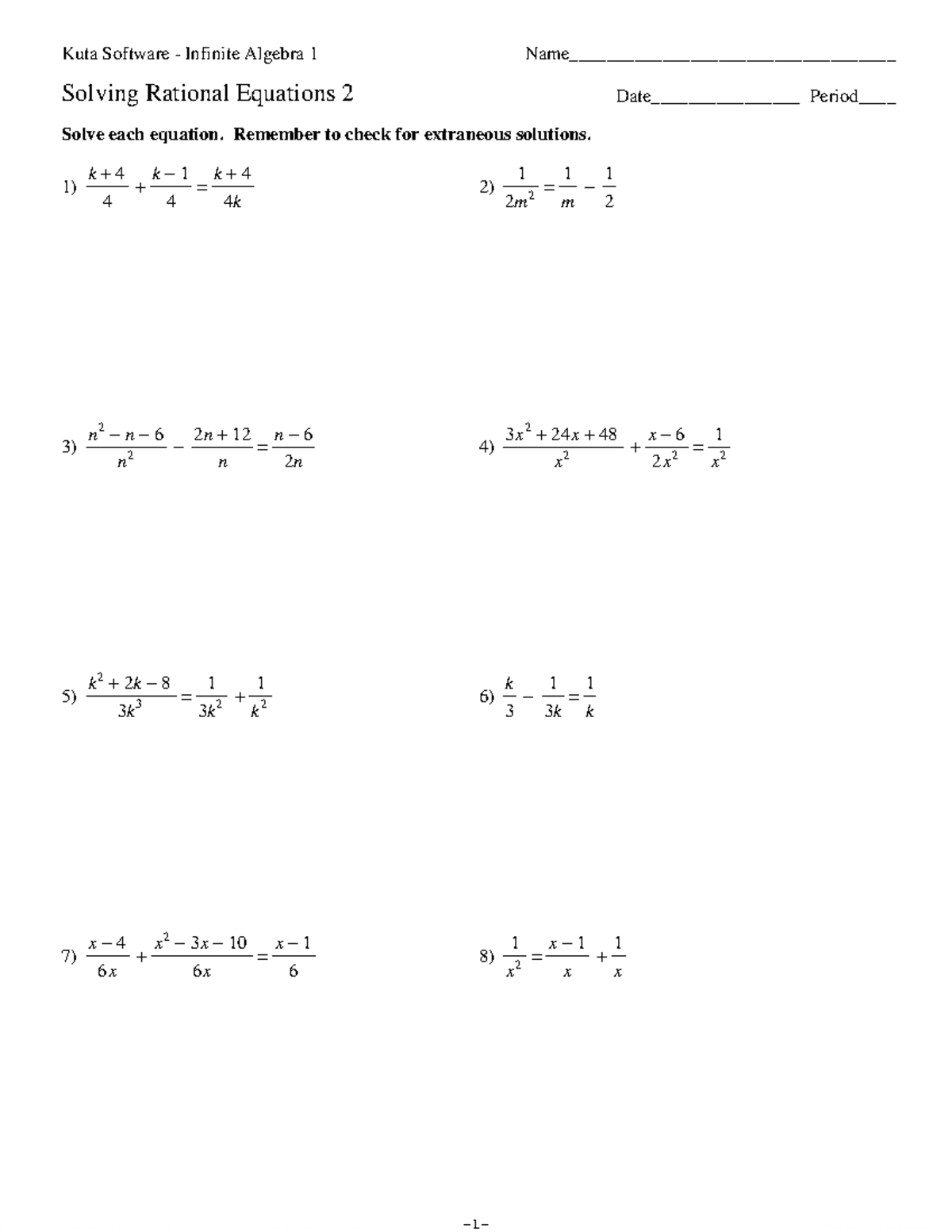 Kuta Software - Infinite Algebra 1: Solving Rational Equations 2 ...