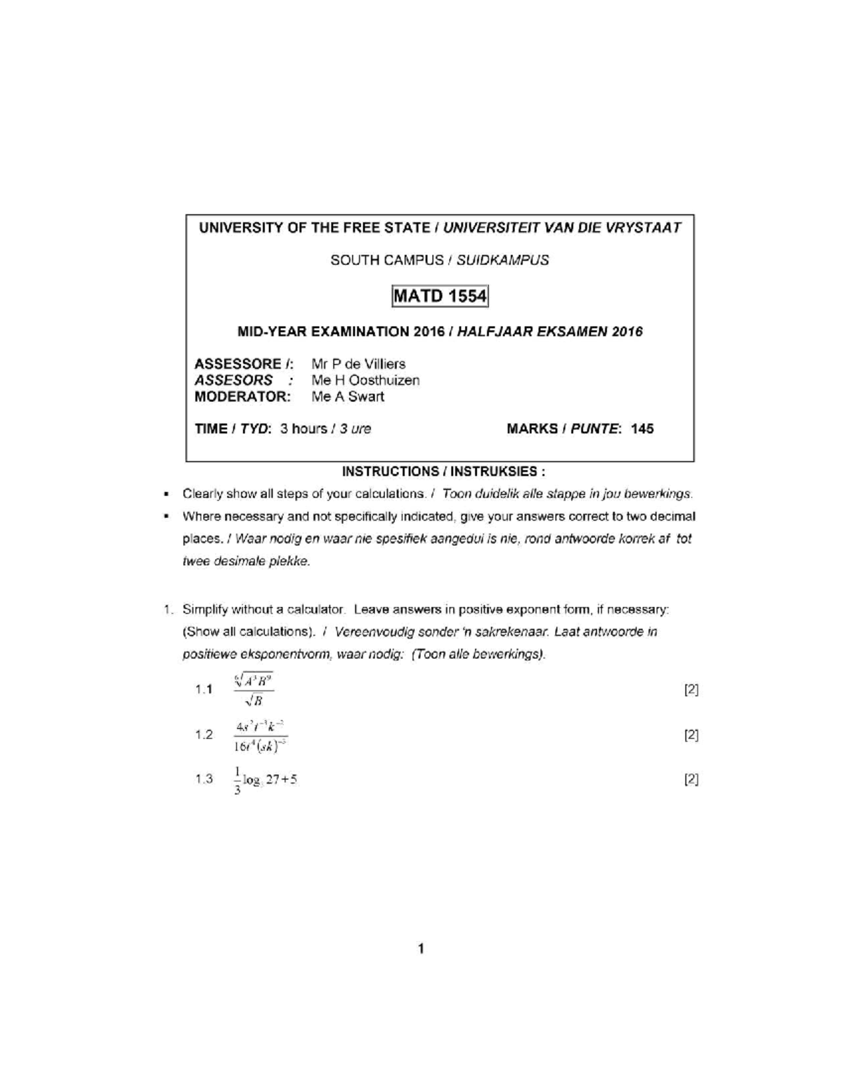 MATD 1554 MID-YEAR EXAMINATION 2016 - SOLUTIONS AND QUESTIONS - Studocu