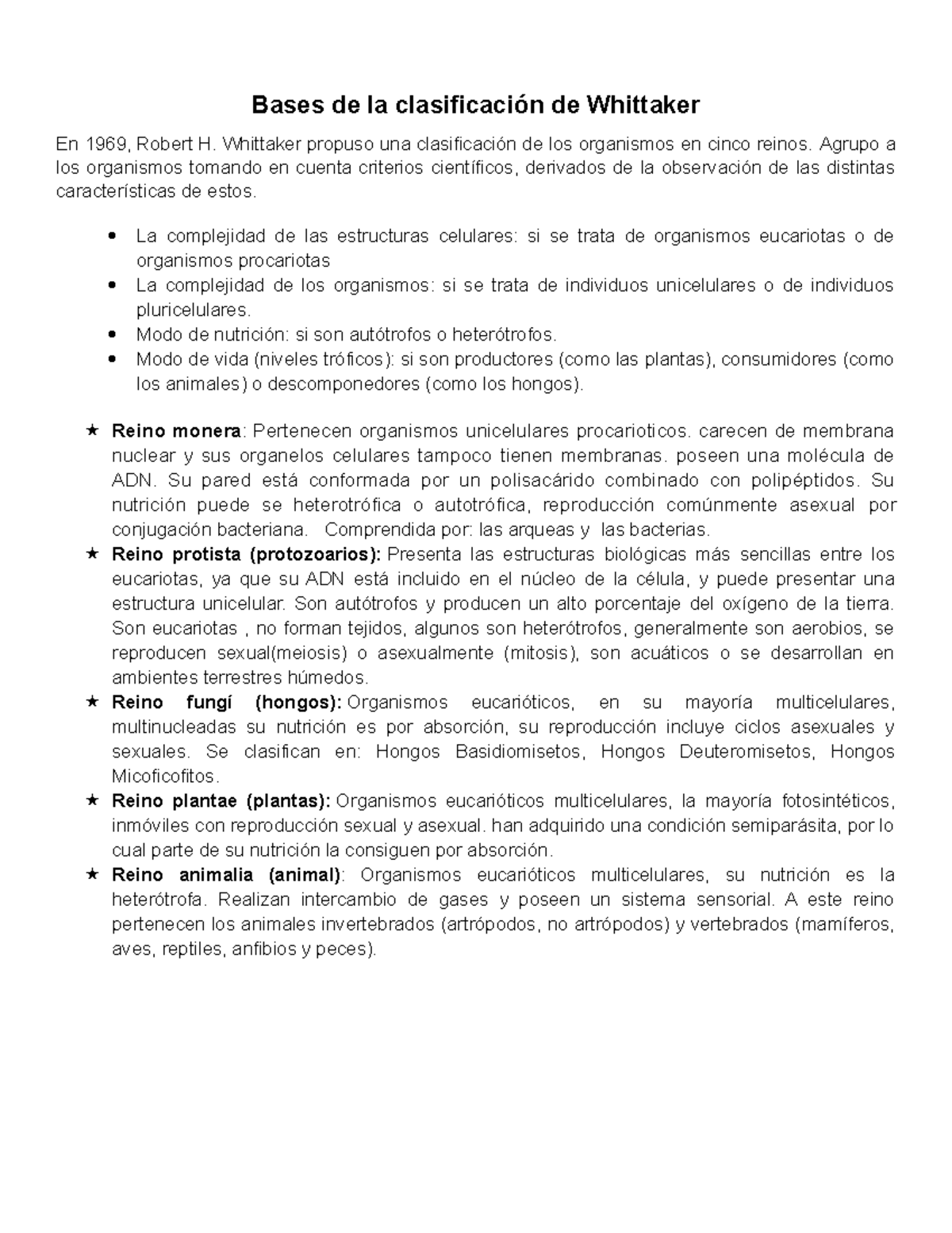 Bases de la Clasificación de Organismos según Whittaker - Studocu