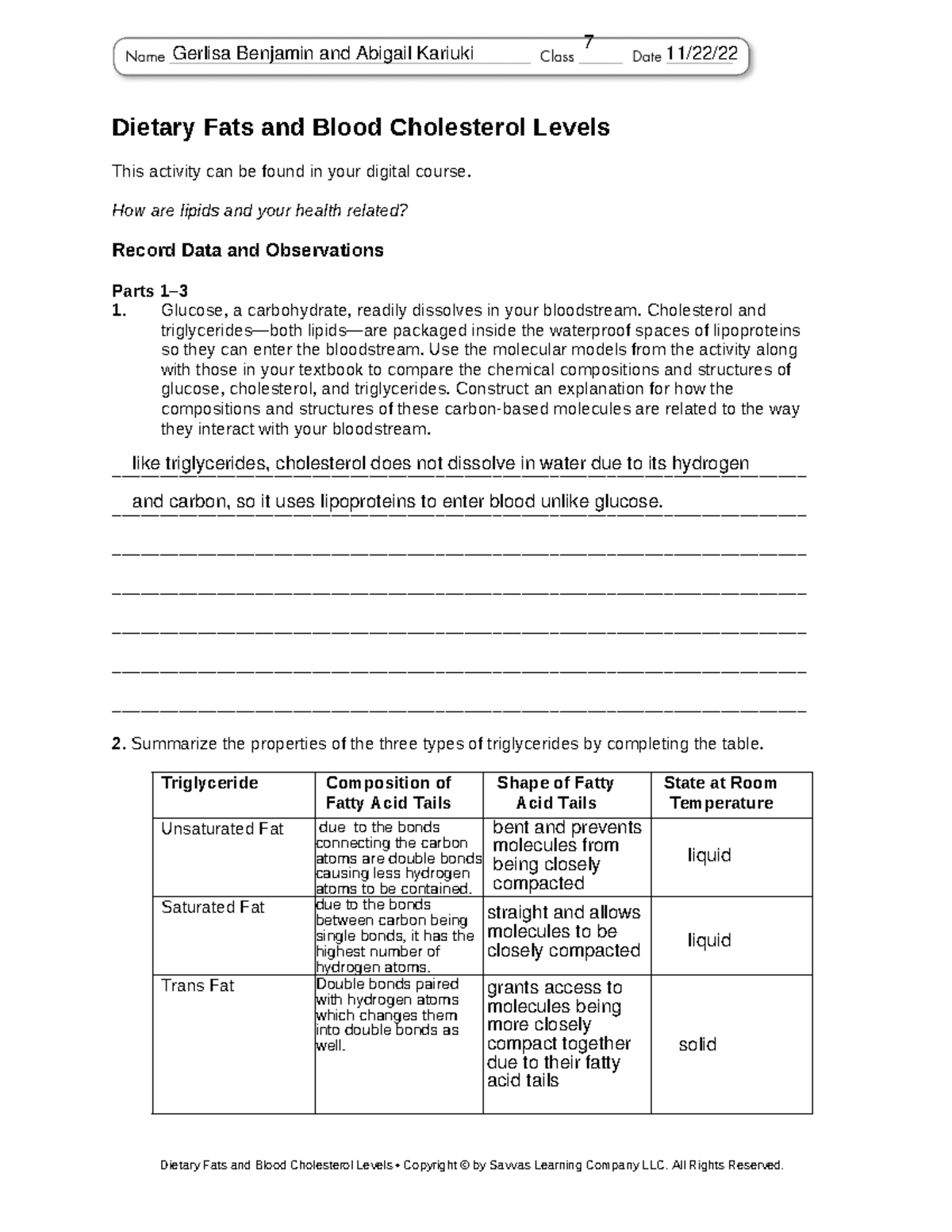 BIO CHEM L03 Dietary Fats and Cholesterol Interactivity Worksheet - Studocu