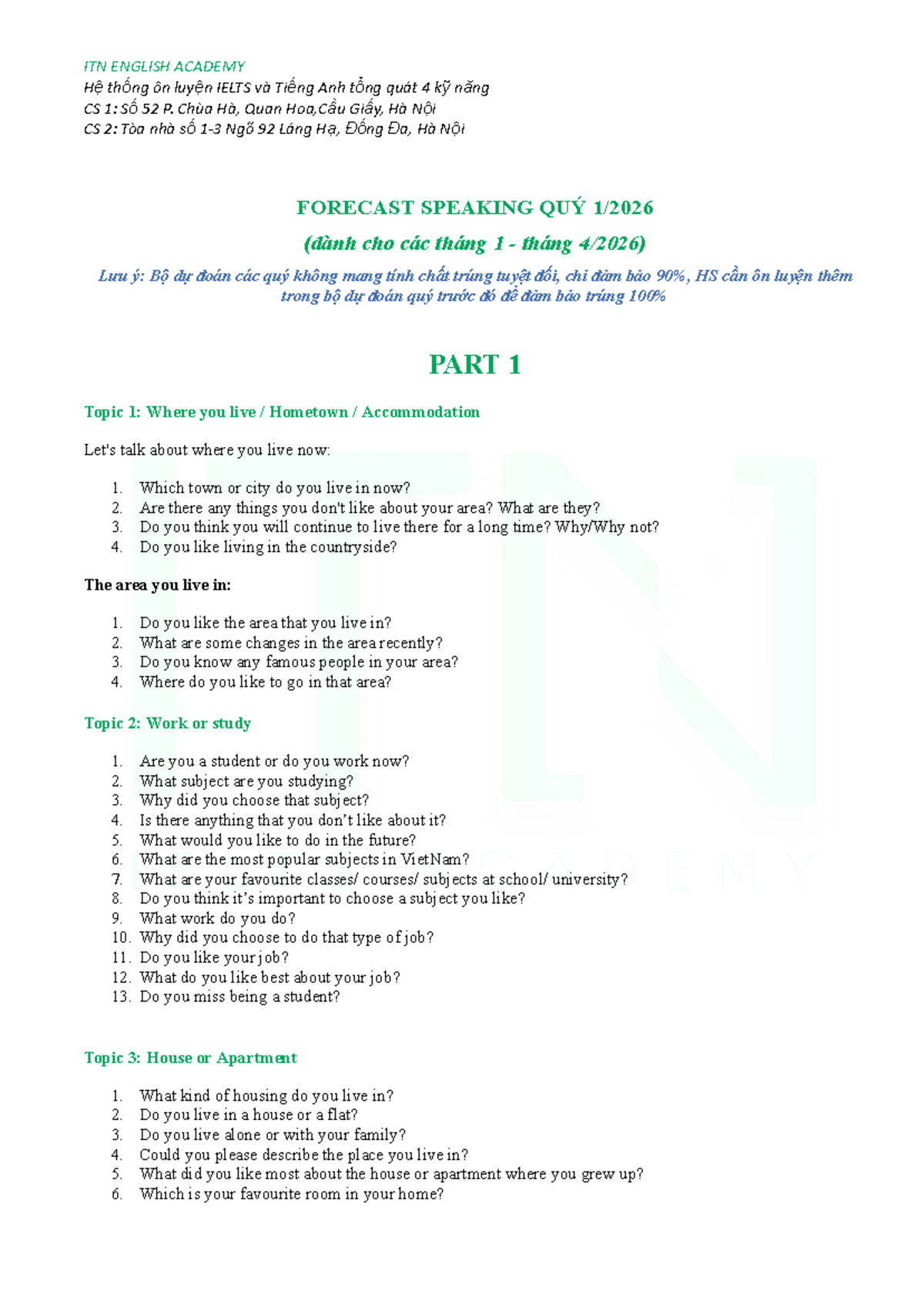 ITN ENGLISH ACADEMY IELTS Speaking Forecast for Q1 2026 - Studocu