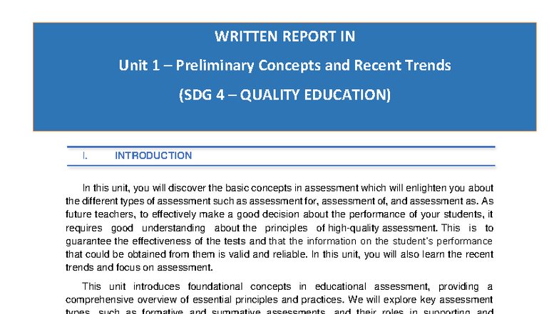 SDG 4 Quality Education: Unit 1 Report on Assessment Concepts and ...