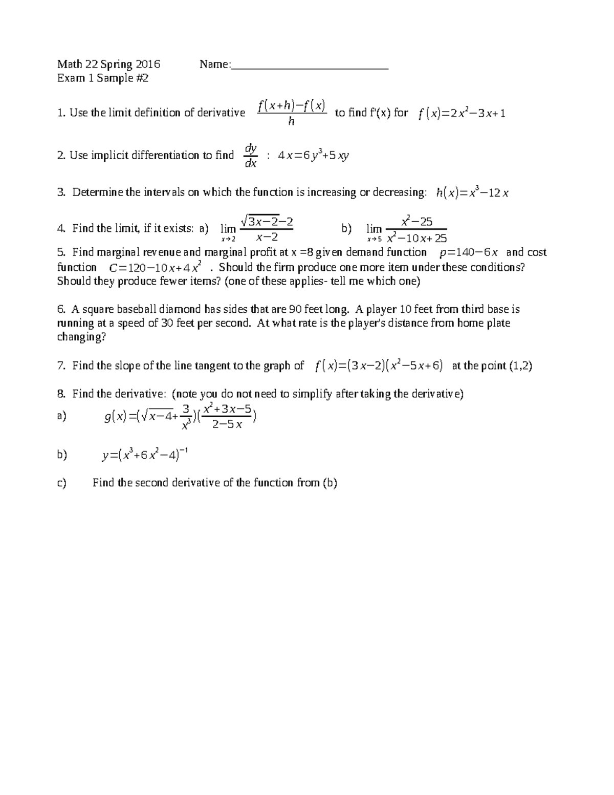 Math22exam1sample 2-2 - Math 22 Spring 2016 Name ...
