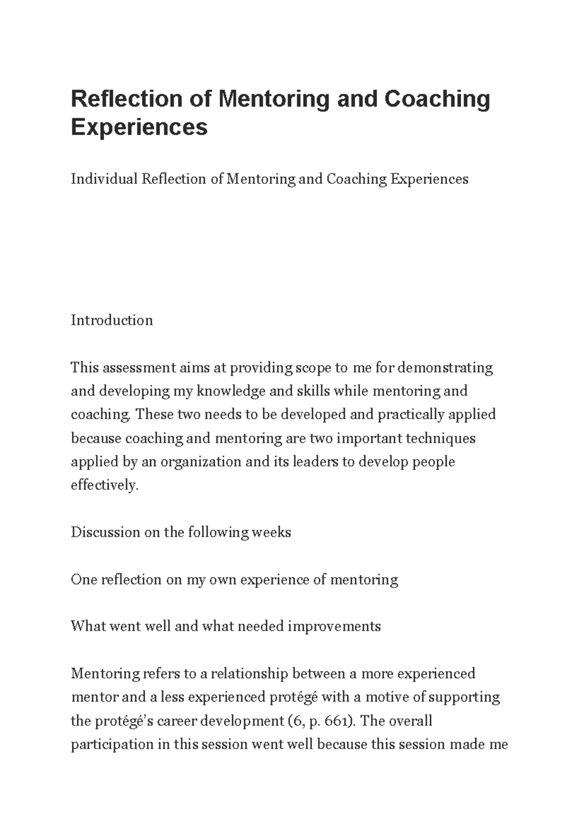 Reflection on Mentoring & Coaching Experiences (MNGT 101) - Studocu