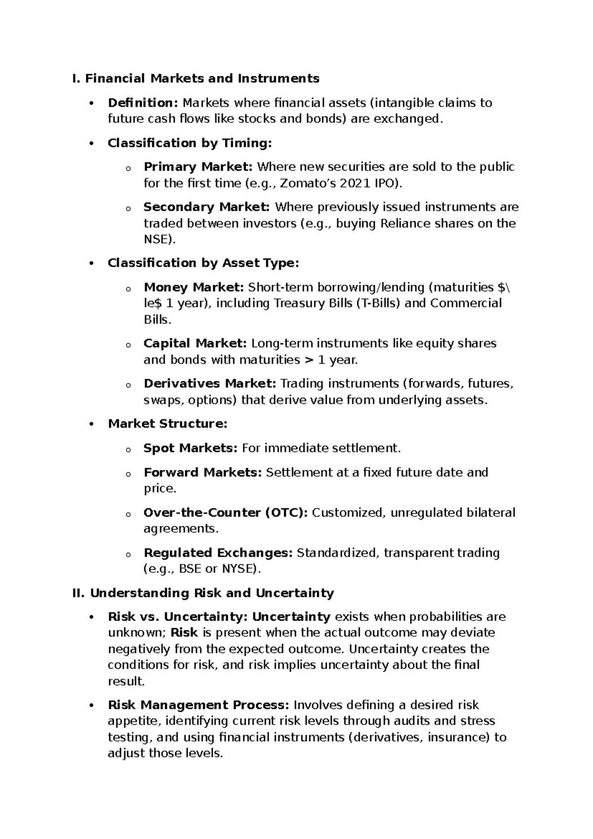 Financial Markets & Risk Management: Module 1 Notes (FIN 101) - Studocu