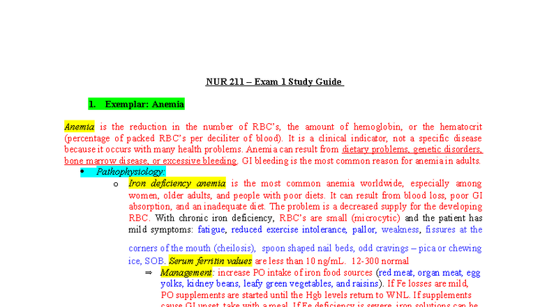 NUR 211 Exam 1 Study Guide: Anemia and Related Disorders - Studocu