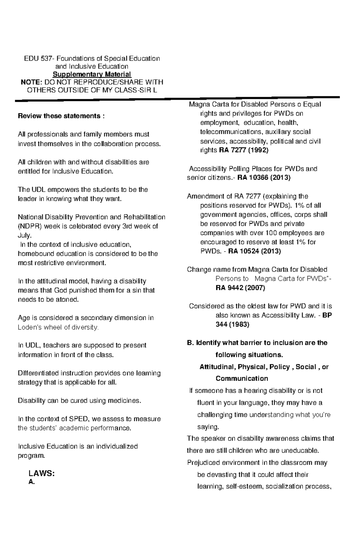 EDU-537 Foundations of Special Education Supplementary Notes - Studocu