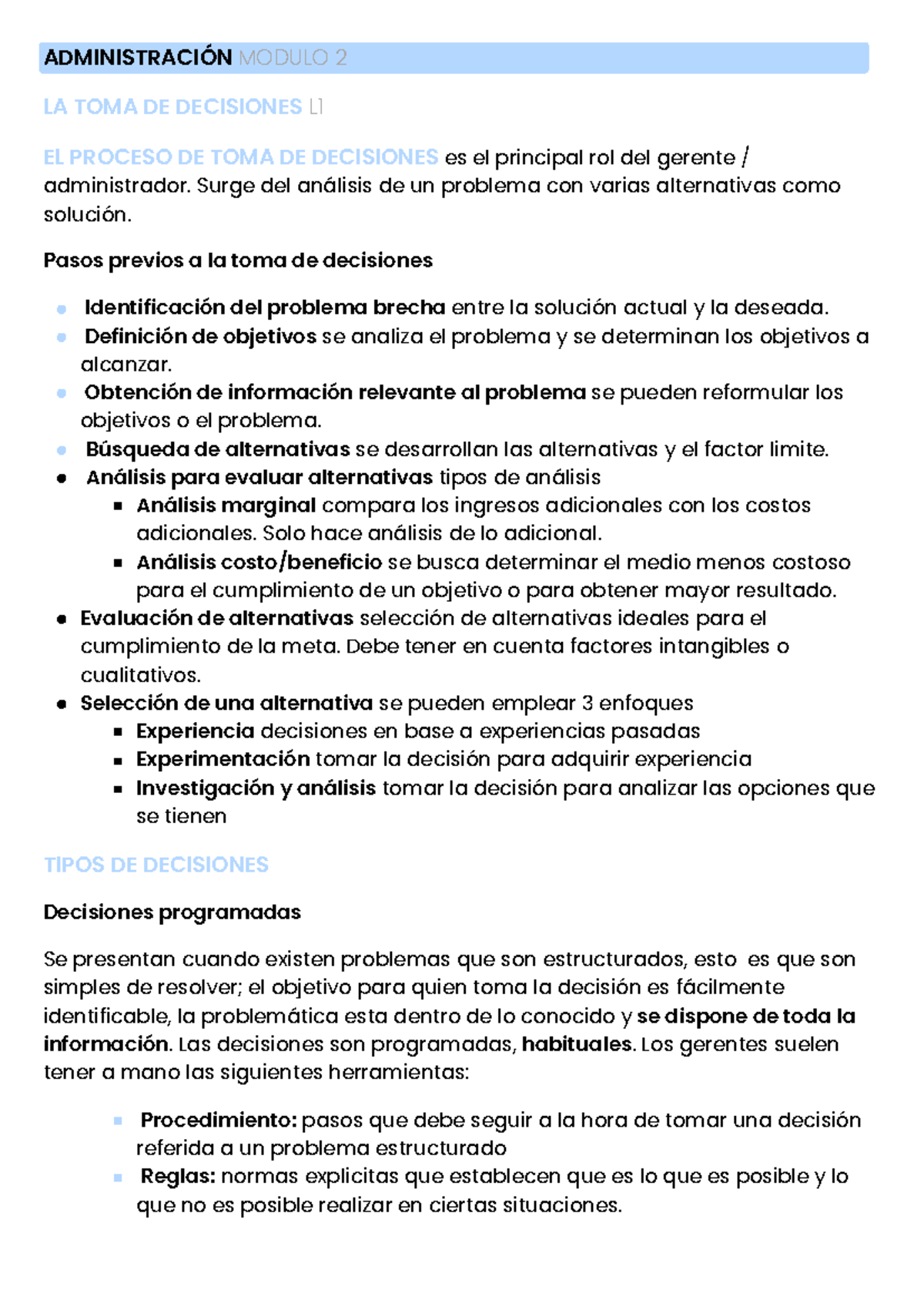 Resumen M2 - Toma de Decisiones en Administración - Studocu