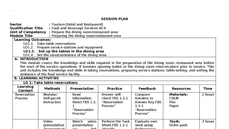Session Plan: Preparing the Dining Area for F&B Services NCII - Studocu