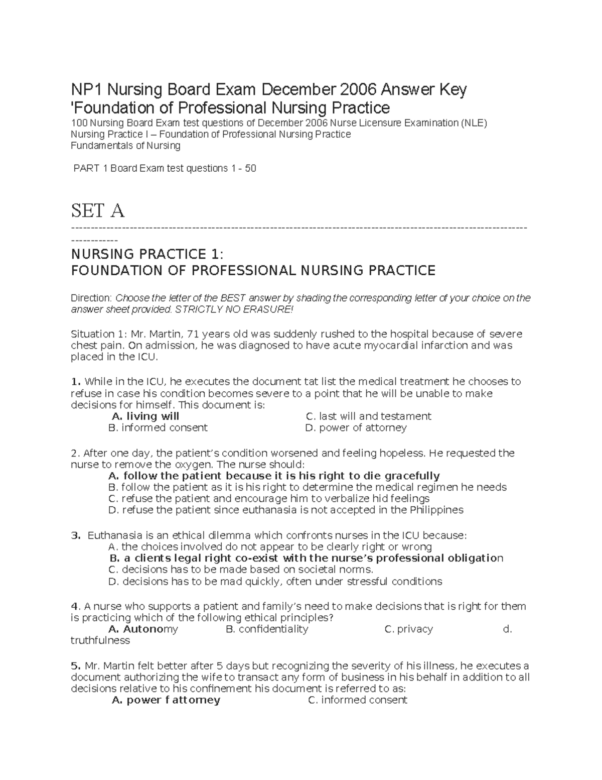 NP1 Nursing Board Exam December 2006 Answer Key & Test Questions - Studocu