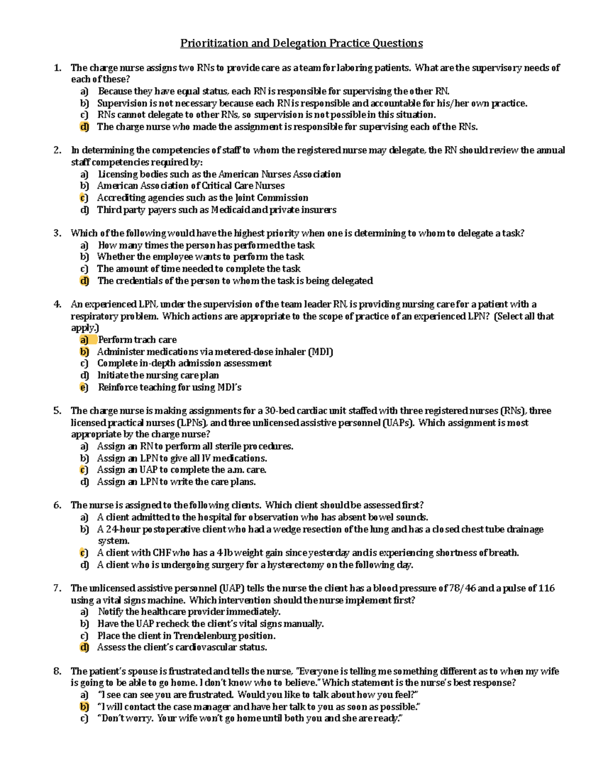Prioritization and Delegation Practice Questions (NUR 101) - Studocu