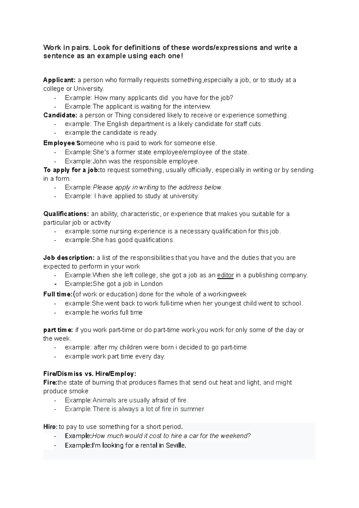 Ingles - Kolkko: Definitions and Examples of Employment Terms - Studocu