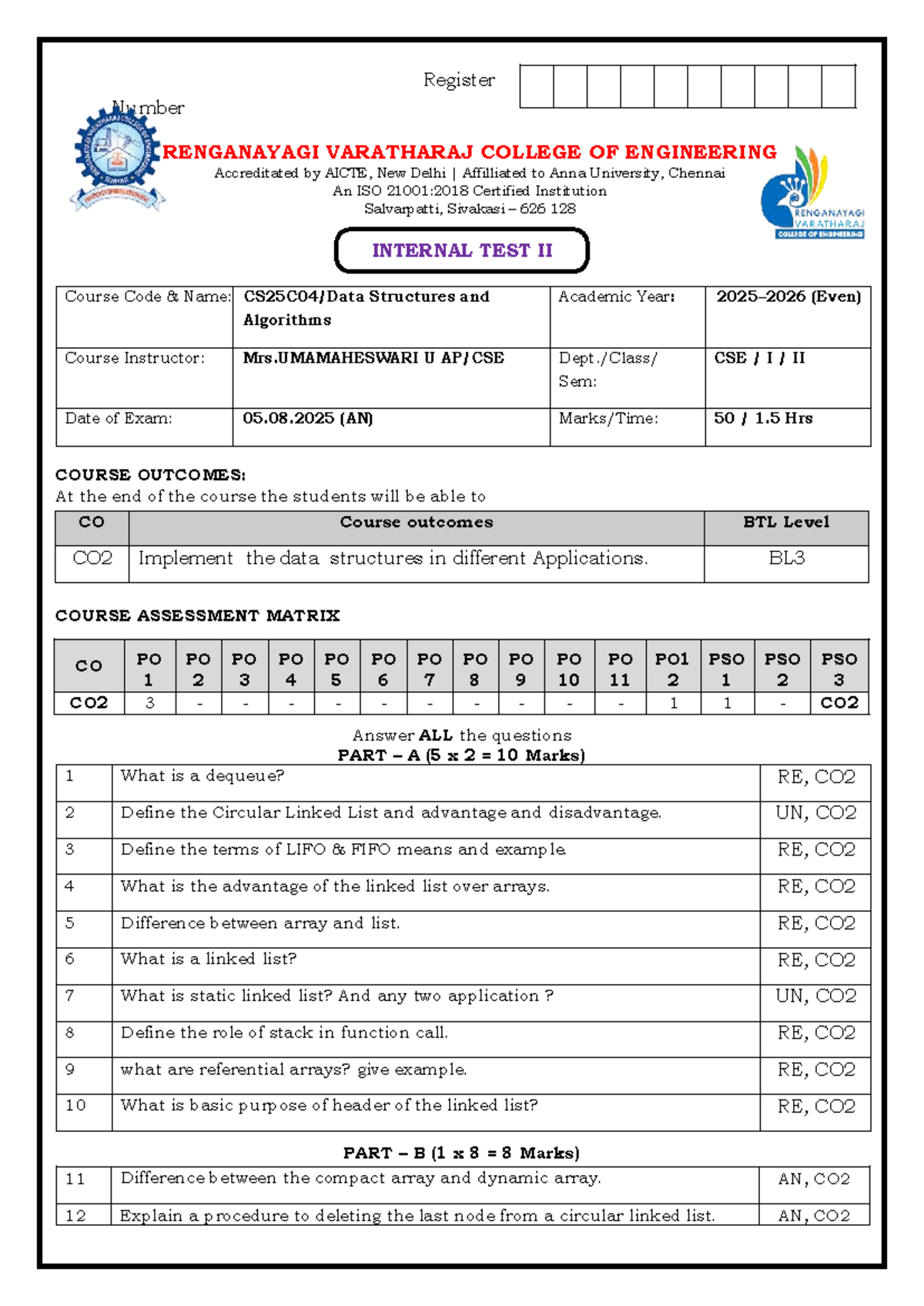CSE I Internal Test II Notes: Data Structures & Algorithms - Studocu